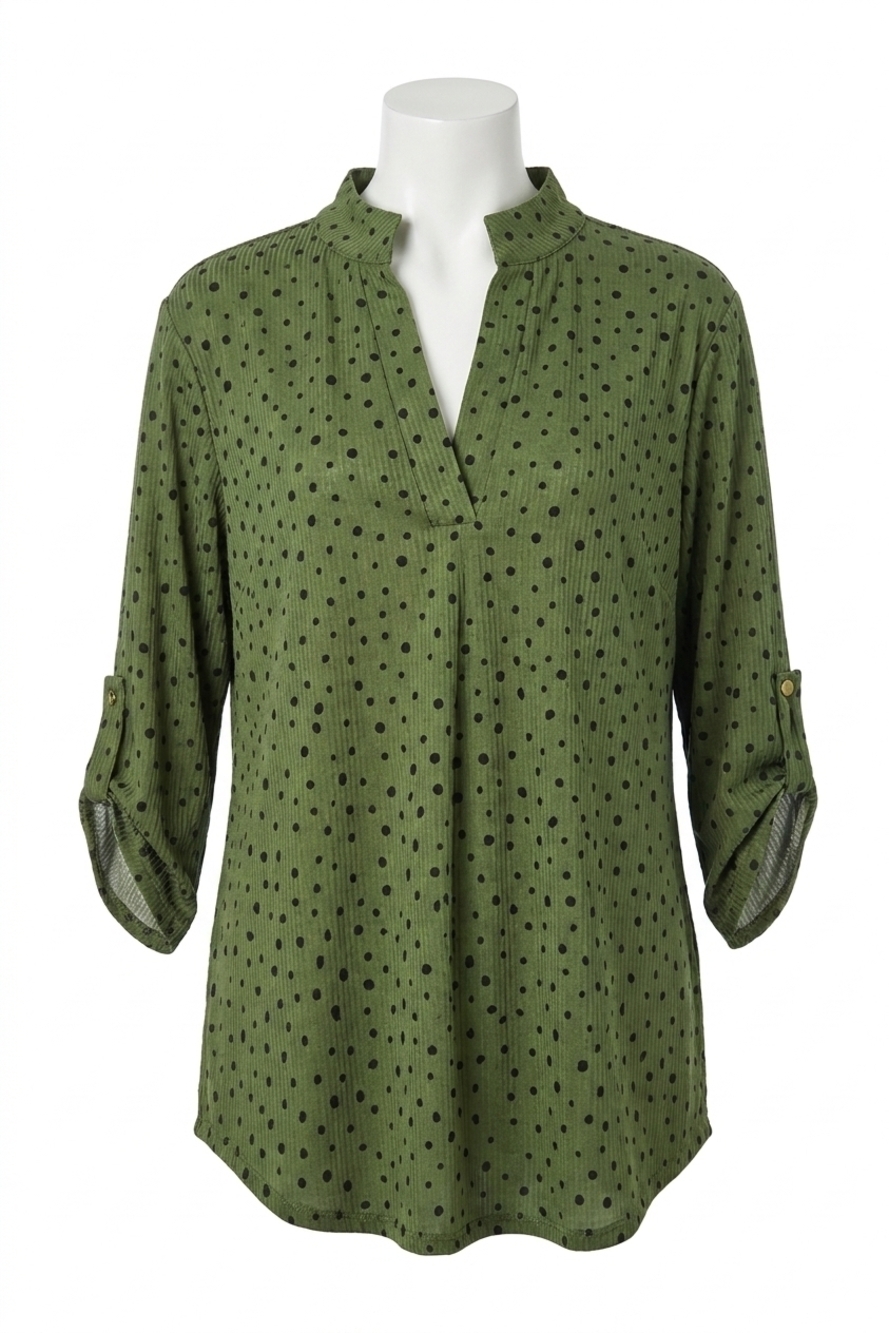 NEW HEIMISH USA 3/4 roll up sleeve mandarin collar dot top in green